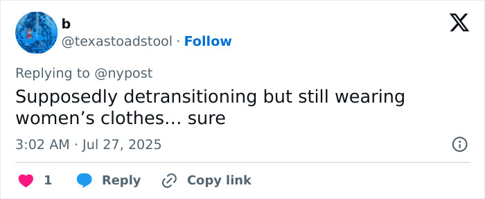 Tweet screenshot criticizing a model detransitioning after being pushed to transition at age 15, discussing clothing choices. Tweet screenshot criticizing a model detransitioning after being pushed to transition at age 15, discussing clothing choices.
