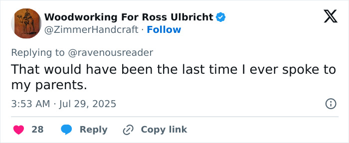 Screenshot of a tweet by Woodworking For Ross Ulbricht expressing regret about speaking to parents regarding Ivy League scholarships. Screenshot of a tweet by Woodworking For Ross Ulbricht expressing regret about speaking to parents regarding Ivy League scholarships.