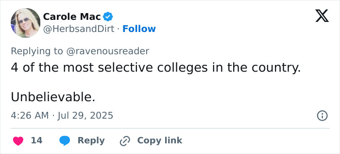 Tweet from Carole Mac sharing disbelief about four of the most selective Ivy League colleges in the country. Tweet from Carole Mac sharing disbelief about four of the most selective Ivy League colleges in the country.