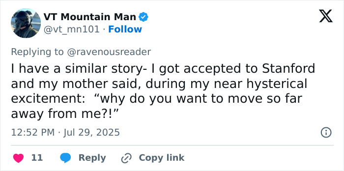 Tweet from VT Mountain Man sharing a story about being accepted to Stanford and his mother's reaction during his excitement. Tweet from VT Mountain Man sharing a story about being accepted to Stanford and his mother's reaction during his excitement.