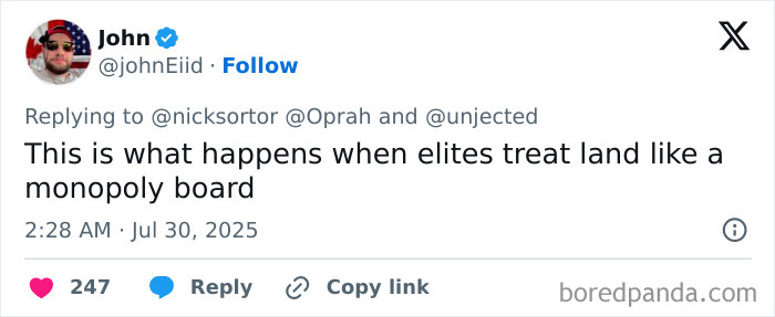 Screenshot of a social media post criticizing elites for controlling land during an oncoming tsunami emergency. Screenshot of a social media post criticizing elites for controlling land during an oncoming tsunami emergency.