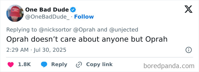 Screenshot of a social media post criticizing Oprah for refusing to open her private road during an oncoming tsunami emergency. Screenshot of a social media post criticizing Oprah for refusing to open her private road during an oncoming tsunami emergency.