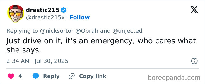 Tweet criticizing Oprah for refusing to open private road amid oncoming tsunami emergency, sparking backlash online. Tweet criticizing Oprah for refusing to open private road amid oncoming tsunami emergency, sparking backlash online.