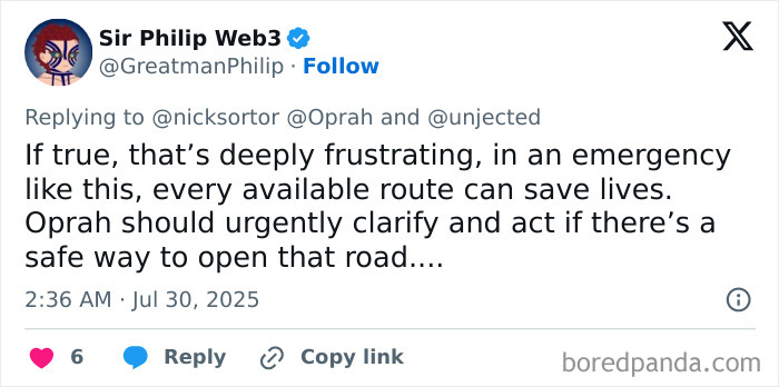 Tweet criticizing Oprah for refusing to open her private road during an oncoming tsunami emergency. Tweet criticizing Oprah for refusing to open her private road during an oncoming tsunami emergency.