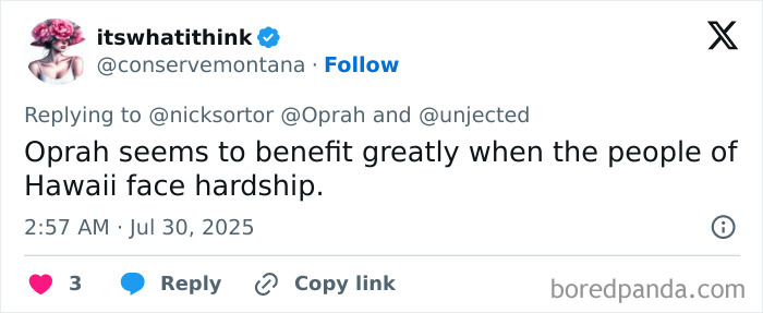 Screenshot of a tweet criticizing Oprah for refusing to open her private road during an oncoming tsunami in Hawaii. Screenshot of a tweet criticizing Oprah for refusing to open her private road during an oncoming tsunami in Hawaii.