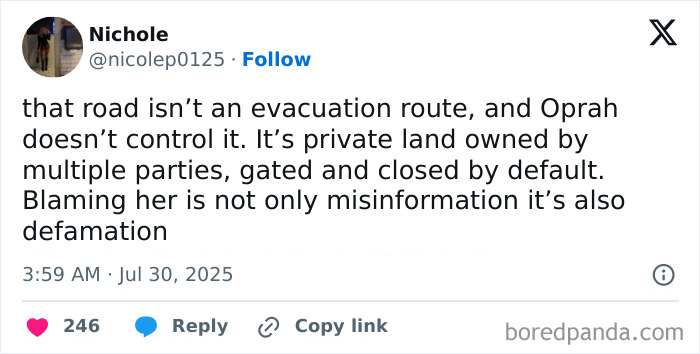 Tweet clarifying Oprah’s private road ownership, denying control over evacuation route during tsunami warnings. Tweet clarifying Oprah’s private road ownership, denying control over evacuation route during tsunami warnings.
