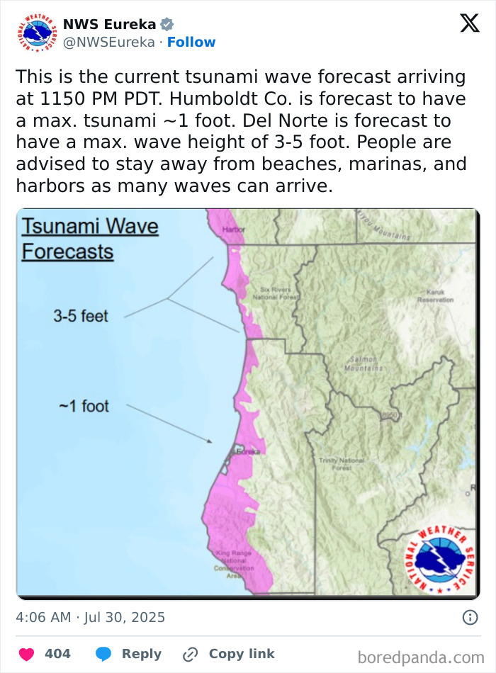 Tsunami wave forecast map showing expected wave heights of 1 to 5 feet along the California coast after mega earthquake warnings. Tsunami wave forecast map showing expected wave heights of 1 to 5 feet along the California coast after mega earthquake warnings.