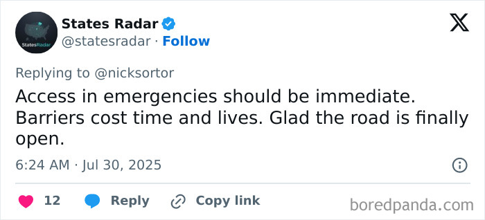 Screenshot of a tweet about emergency access and barriers, referencing Oprah and a private road during a tsunami threat. Screenshot of a tweet about emergency access and barriers, referencing Oprah and a private road during a tsunami threat.