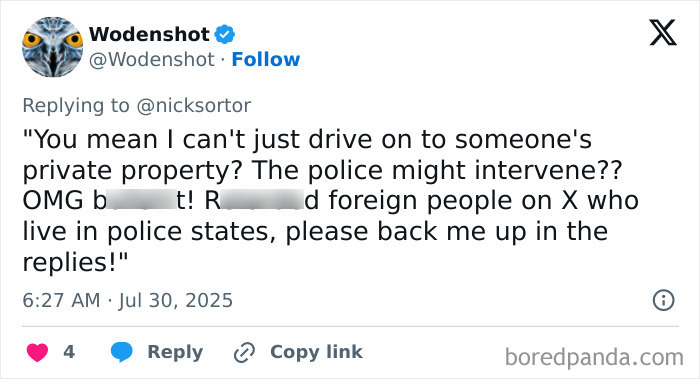 Screenshot of a social media reply criticizing Oprah for refusing to open her private road to escape an oncoming tsunami. Screenshot of a social media reply criticizing Oprah for refusing to open her private road to escape an oncoming tsunami.