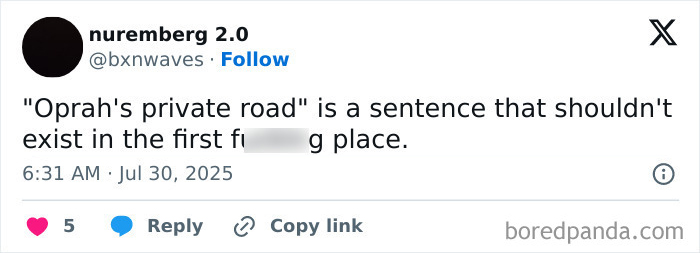 Tweet criticizing Oprah for refusing to open her private road during an oncoming tsunami emergency. Tweet criticizing Oprah for refusing to open her private road during an oncoming tsunami emergency.