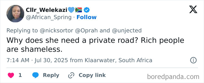 Tweet criticizing refusal to open private road amid oncoming tsunami, highlighting rich people’s perceived shamelessness. Tweet criticizing refusal to open private road amid oncoming tsunami, highlighting rich people’s perceived shamelessness.