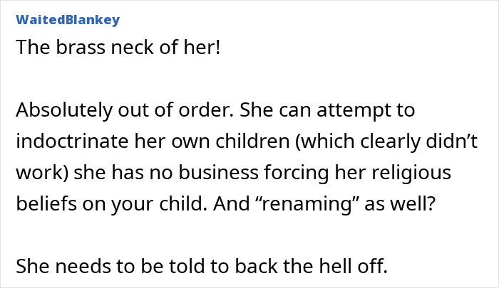 Screenshot of a comment criticizing MIL demanding a more Christian baby name, highlighting mom’s discomfort with the religious pressure.
