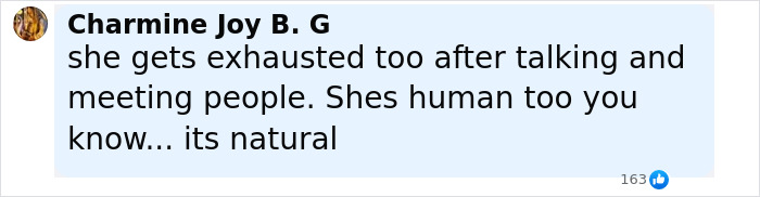 Comment by Charmine Joy B. G stating she gets exhausted after talking and meeting people, explaining it’s natural and human. Comment by Charmine Joy B. G stating she gets exhausted after talking and meeting people, explaining it’s natural and human.