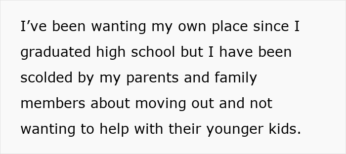Text about a 20-year-old tired of taking care of half-siblings and wanting to move out despite family pressure.