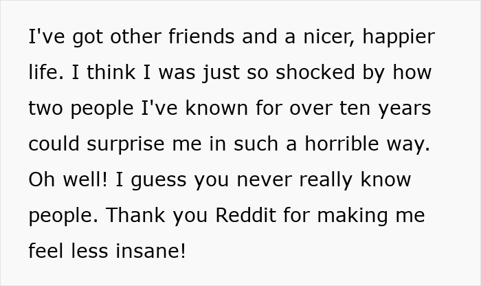 Text excerpt from a woman revisiting a past breakup after learning her friend was the other woman, reflecting on trust and surprise.