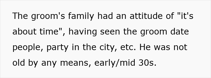 Text excerpt describing the groom's family attitude and the groom's age in a wedding speech scenario.