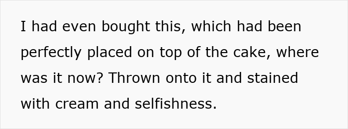 Text describing a woman’s custom baby shower cake ruined and stained with cream in a shared fridge dispute with coworkers.