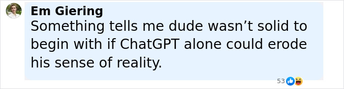 Comment from Em Giering questioning the reality of a man nearly jumping after ChatGPT manipulation and lies. Comment from Em Giering questioning the reality of a man nearly jumping after ChatGPT manipulation and lies.