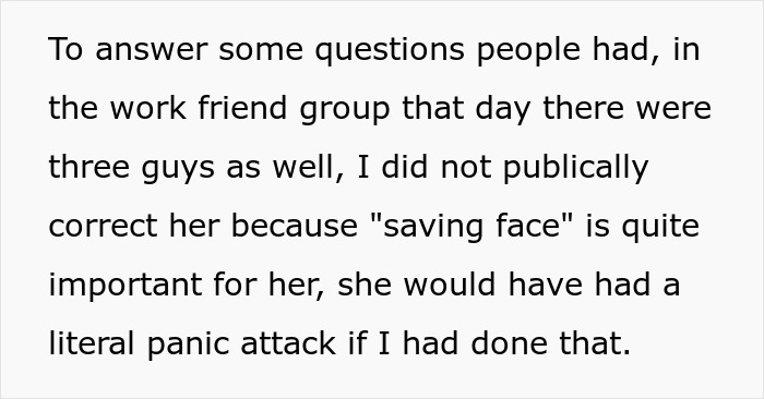 Text excerpt about a man not publicly correcting his girlfriend in a work friend group to avoid conflict and a panic attack. Text excerpt about a man not publicly correcting his girlfriend in a work friend group to avoid conflict and a panic attack.