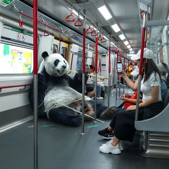 Giant panda humorously lounging on a Hong Kong subway, being photographed by passengers in a playful, surreal city scene.