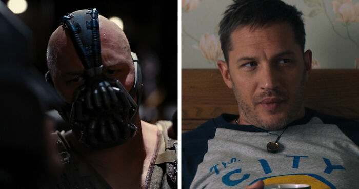 Split image showing the same actor portraying Bane with a mask and casually dressed without mask highlighting mind-blowing realization same actor.