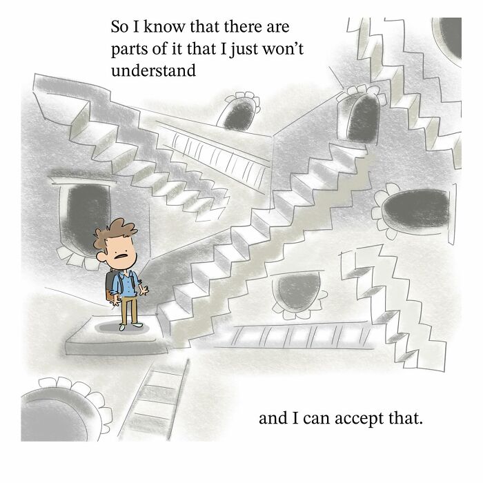 Cartoon Earth and moon with faces in space, illustrating a funny comic about perspective and the brain.