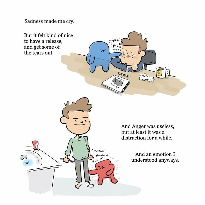 Illustration of a person sitting beside a large blue figure on a couch, depicting grief and inner struggle in funny comics.