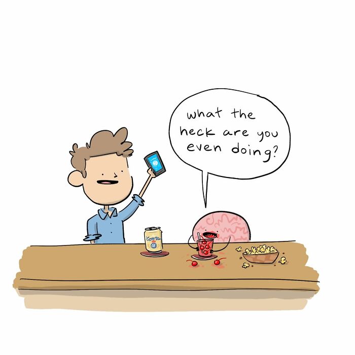 A funny comic showing a person arguing with their own brain at a bar with drinks and snacks.