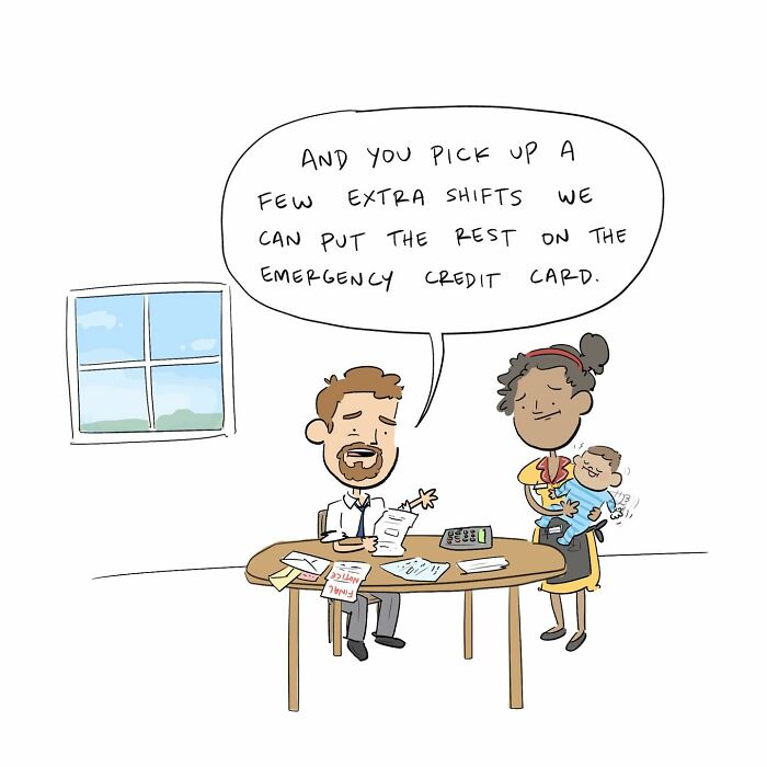 Cartoon of a man and woman with baby discussing budgeting in a funny comic about arguing with their own brain.