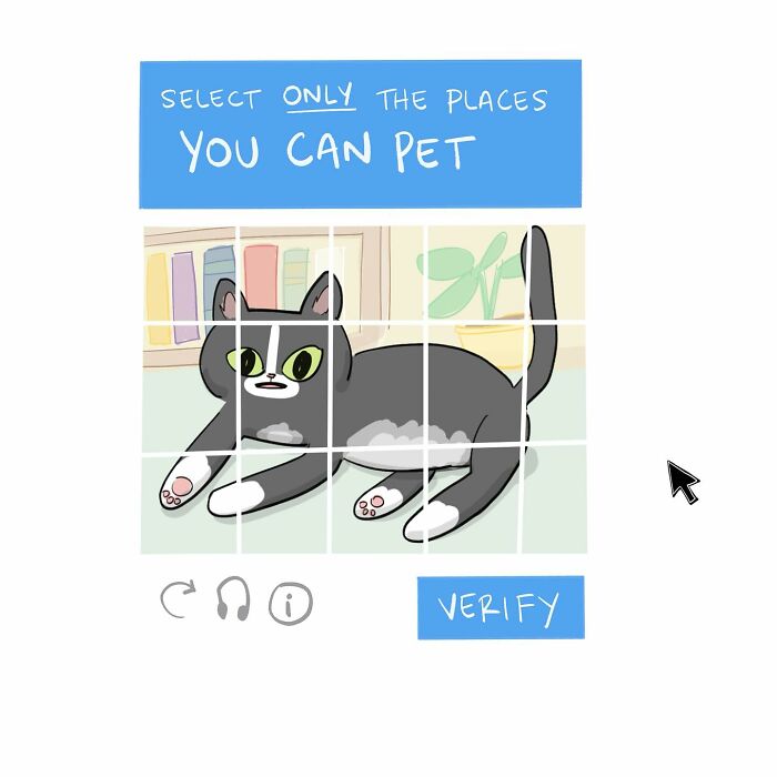 Hand-drawn comic showing a checkbox labeled Im not a robot with a submit button and cursor pointer.