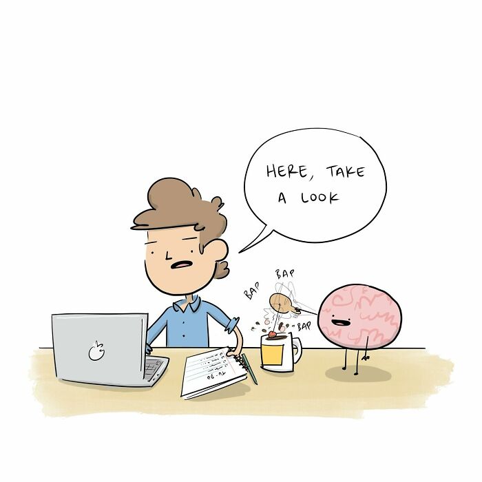Person working on laptop being distracted by a funny comic brain with a paddle, illustrating arguing with their own brain.