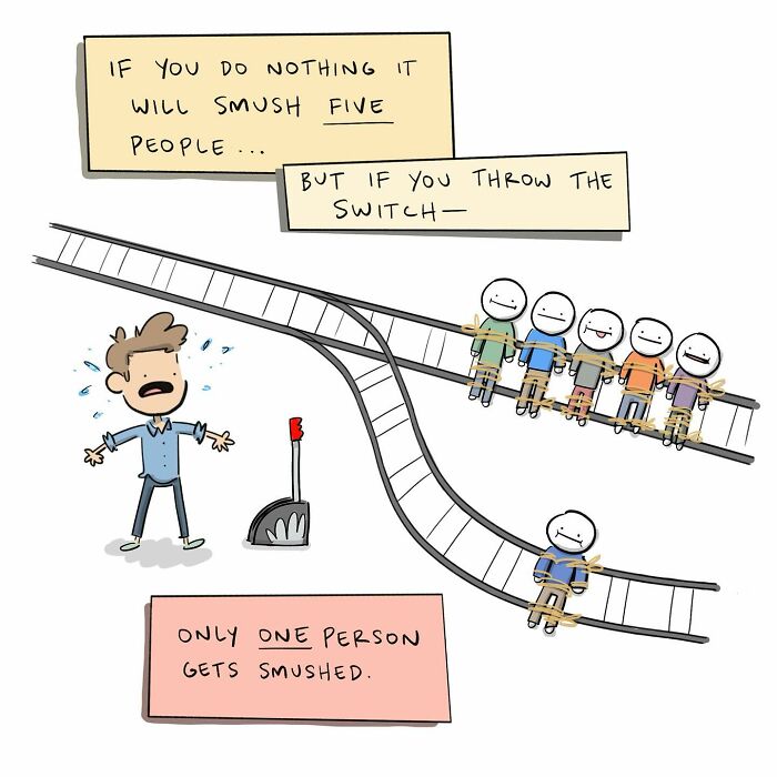 Red runaway trolley speeding down train tracks in a funny comic illustrating arguing with your own brain.