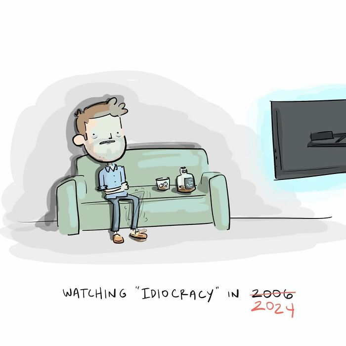 Cartoon of a person laughing at a TV, illustrating a funny comic about arguing with their own brain.