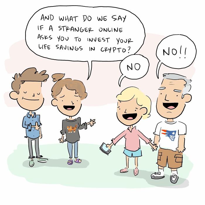 Funny comic showing kids learning to say no to strangers offering candy, illustrating a common internal argument with their brain.