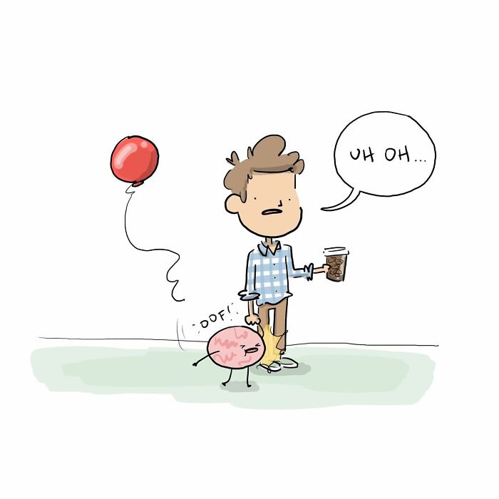 Cartoon of a man holding a smiling brain character with a balloon, illustrating funny comics about arguing with your brain.
