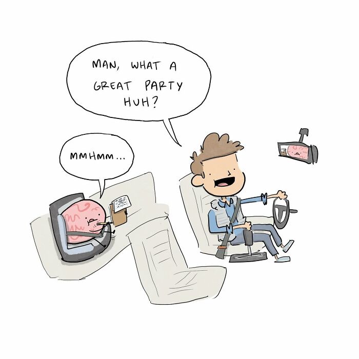 Man happily waving goodbye while a small brain with legs writes notes, illustrating funny comics about arguing with your brain.