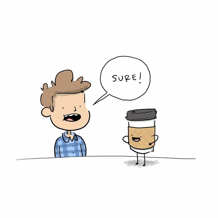 Funny comics showing a person talking to a walking coffee cup offering an energy boost in a humorous brain argument.