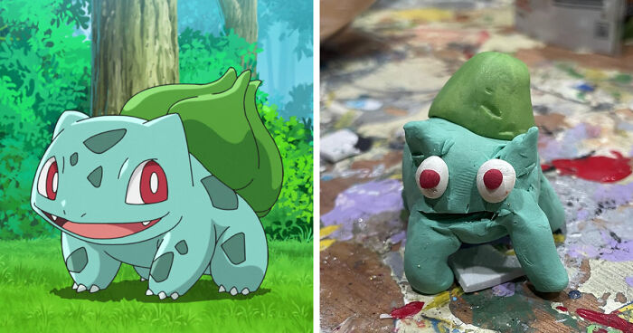 Side-by-side comparison of a Bulbasaur and a poorly-made favorite Pokemons clay figure on a paint-splattered surface.