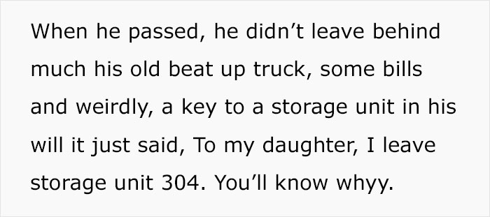 Text excerpt describing a will leaving a storage unit key to a daughter, hinting at a meaningful discovery. Text excerpt describing a will leaving a storage unit key to a daughter, hinting at a meaningful discovery.
