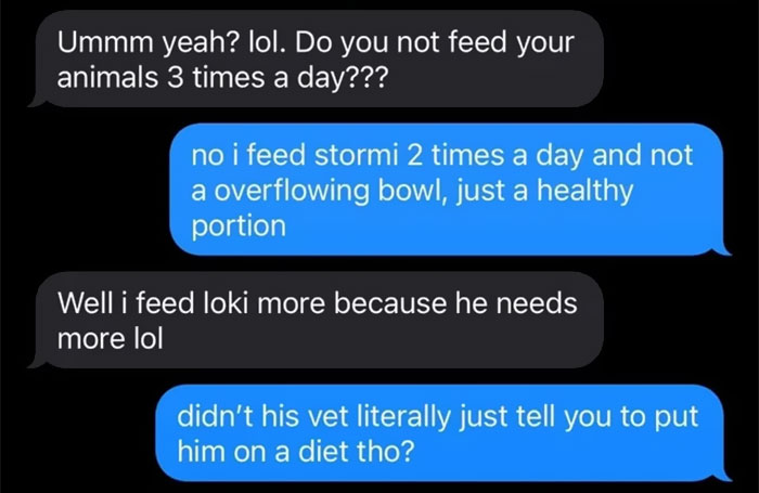 Text message exchange about feeding cats and concerns over one cat being severely overweight and needing a diet plan. Text message exchange about feeding cats and concerns over one cat being severely overweight and needing a diet plan.