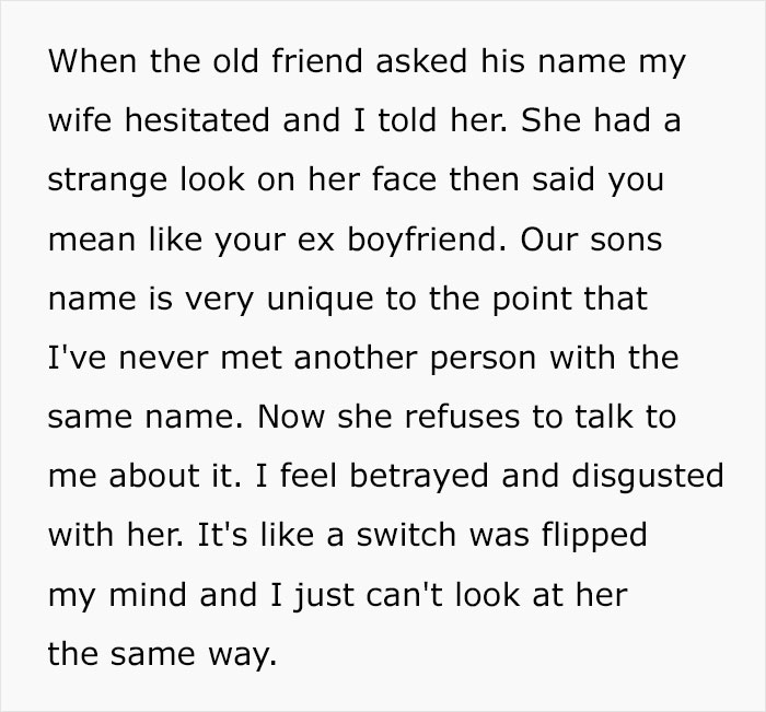 Text excerpt about a husband feeling sick after realizing their son is named after someone from his wife's past, causing feelings of betrayal. Text excerpt about a husband feeling sick after realizing their son is named after someone from his wife's past, causing feelings of betrayal.