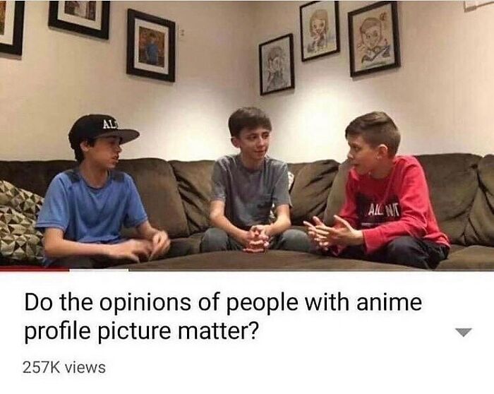 Three boys sitting on a couch having a conversation, representing weird and unhinged humor memes.