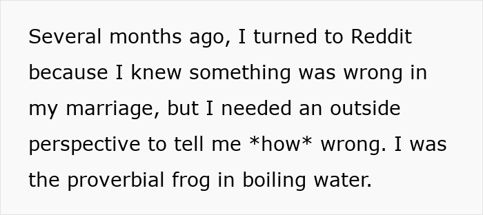 Text excerpt from a Reddit post describing a man realizing something is wrong in his marriage after reading his wife’s diary. Text excerpt from a Reddit post describing a man realizing something is wrong in his marriage after reading his wife’s diary.
