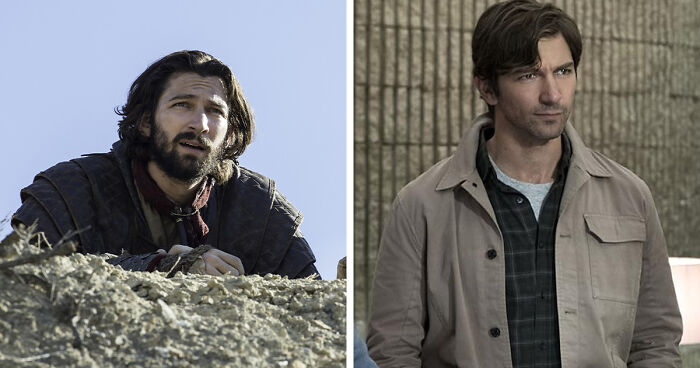 Side-by-side images of the same actor in medieval and modern clothing showing a mind-blowing realization of the same actor.