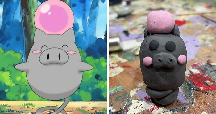 Side-by-side comparison of poorly-made favorite Pokemon clay figure next to original animated character in a forest setting.