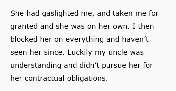 Text excerpt about cutting off a friend who stayed in an abusive marriage and the impact of gaslighting and blocking contact. Text excerpt about cutting off a friend who stayed in an abusive marriage and the impact of gaslighting and blocking contact.