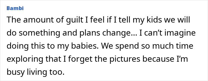 Text post from user Bambi sharing guilt about changing plans with kids and reflecting on living fully rather than staging moments for online fame. Text post from user Bambi sharing guilt about changing plans with kids and reflecting on living fully rather than staging moments for online fame.