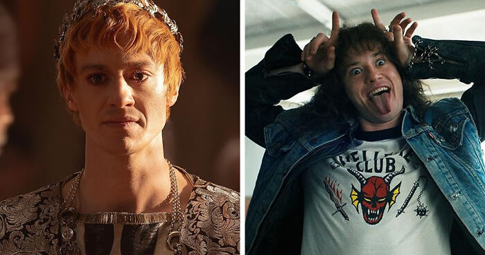 Side-by-side images of the same actor in contrasting royal and casual rockstar roles with distinct looks.