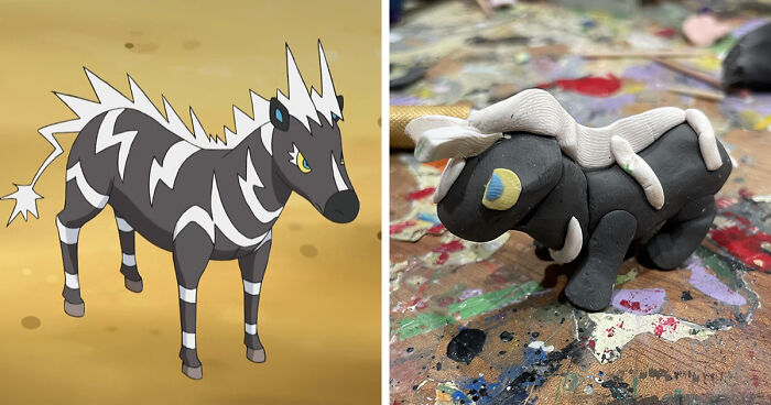 Side-by-side comparison of a Pokemon and a poorly-made favorite Pokemon clay model with uneven details on a paint-splattered surface.