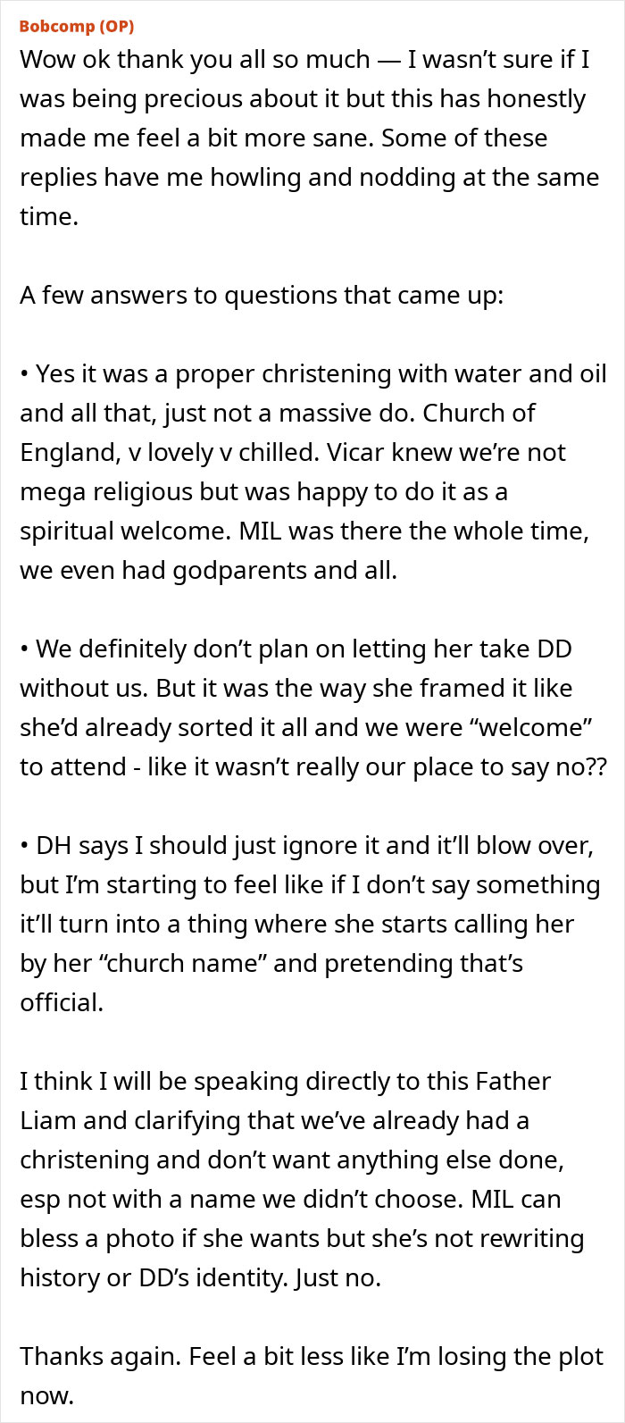 Text from a mother explaining discomfort over MIL demanding a more Christian baby name after a proper christening.